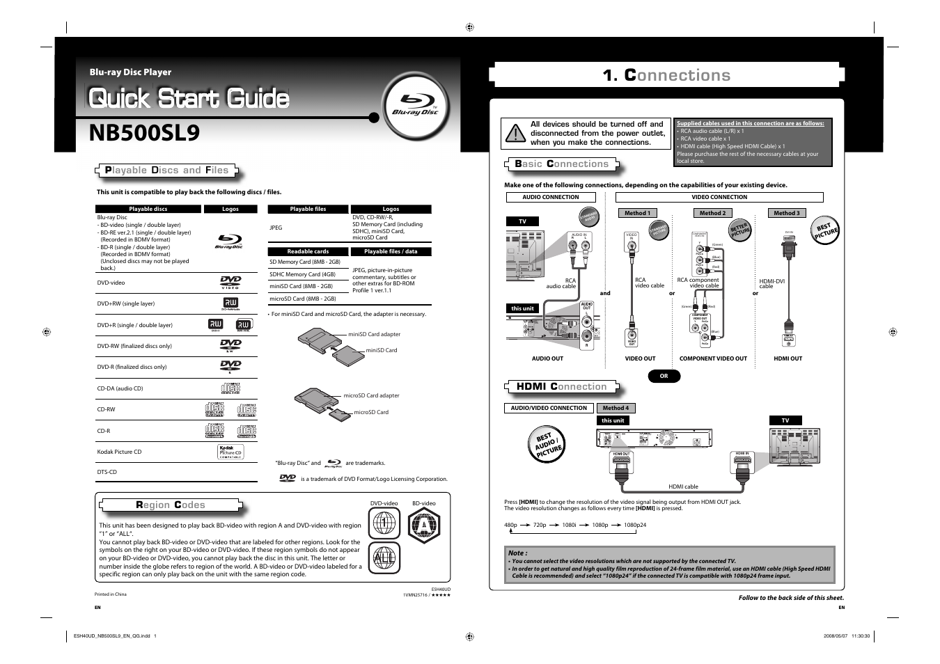 Quick start guide, Nb500sl9, Connections | Blu-ray disc player | Sylvania NB500SL9 User Manual | Page 2 / 148