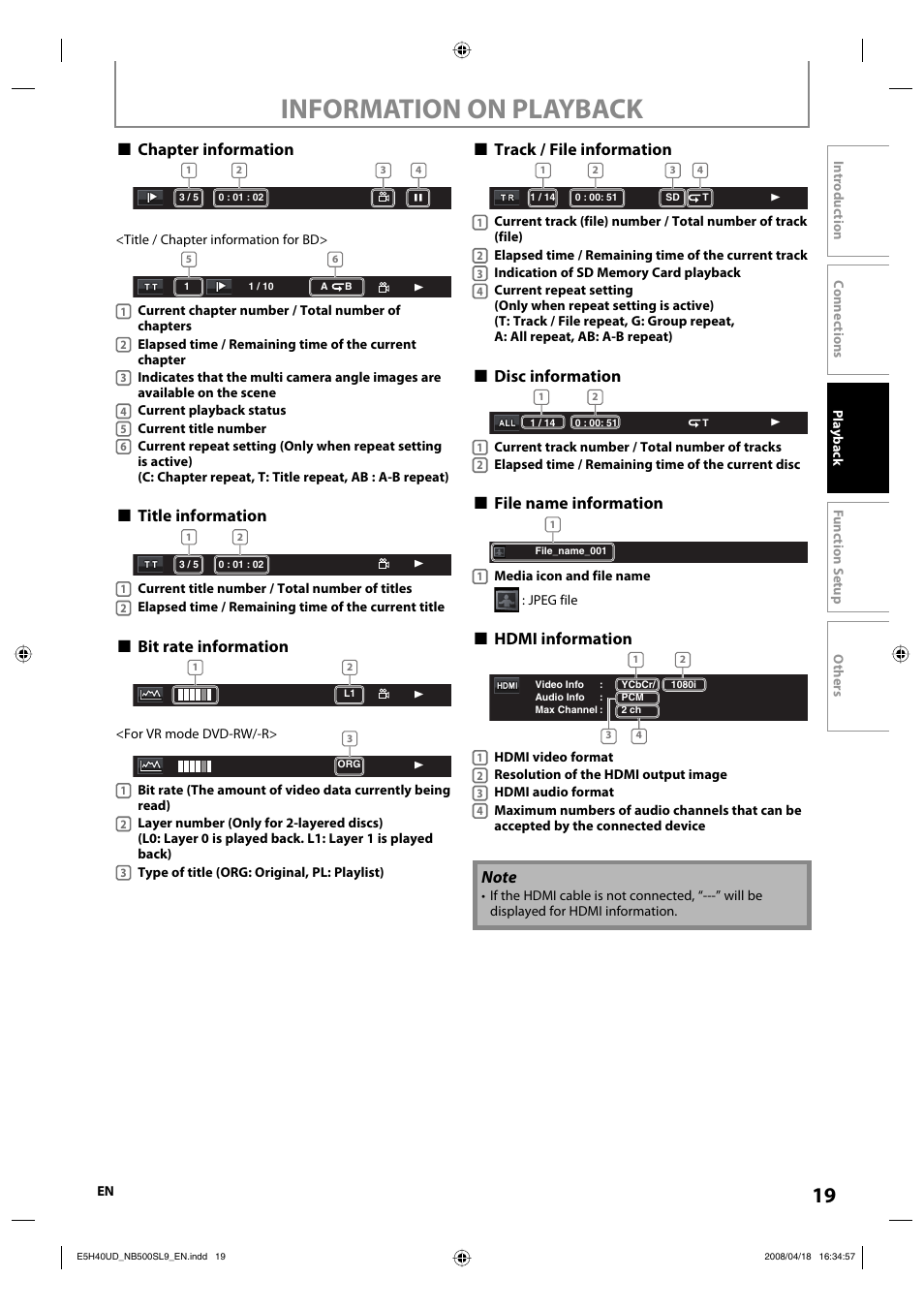 Information on playback, Chapter information, Title information | Bit rate information, Track / file information, Disc information, File name information, Hdmi information | Sylvania NB500SL9 User Manual | Page 21 / 148