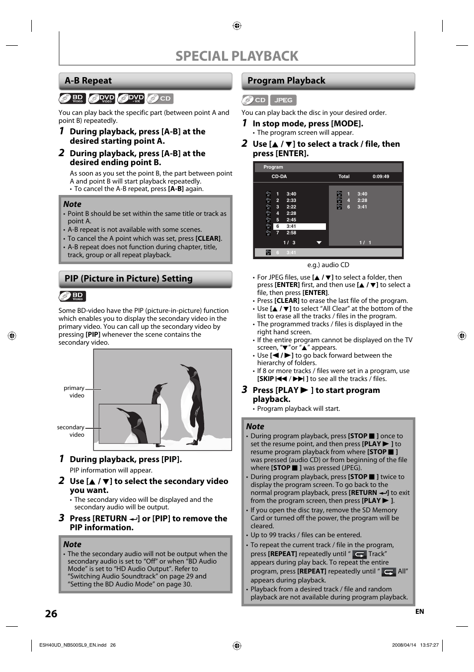 Special playback, A-b repeat, Pip (picture in picture) setting | Program playback | Sylvania NB500SL9 User Manual | Page 28 / 148