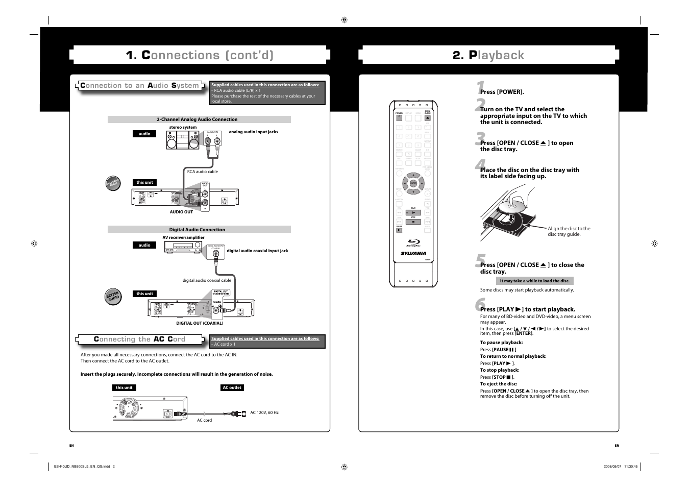 Playback, Connections (cont'd) | Sylvania NB500SL9 User Manual | Page 3 / 148