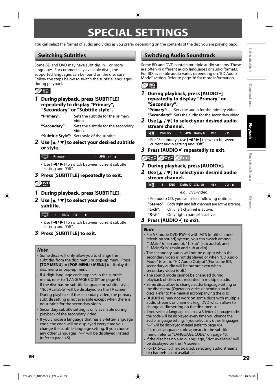 Special settings, Switching subtitles, Switching audio soundtrack | Sylvania NB500SL9 User Manual | Page 31 / 148