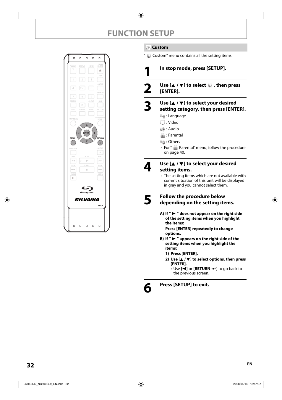 Function setup | Sylvania NB500SL9 User Manual | Page 34 / 148