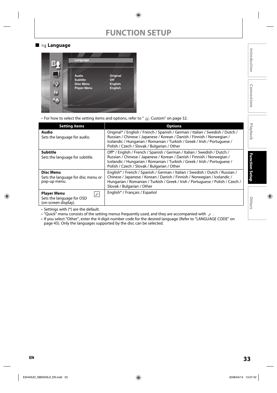 Function setup | Sylvania NB500SL9 User Manual | Page 35 / 148