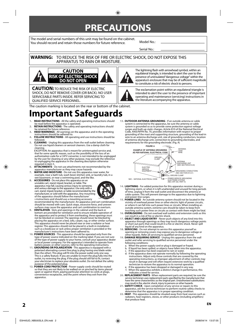 Precautions, Important safeguards, Caution | Caution risk of electric shock do not open, Warning | Sylvania NB500SL9 User Manual | Page 4 / 148