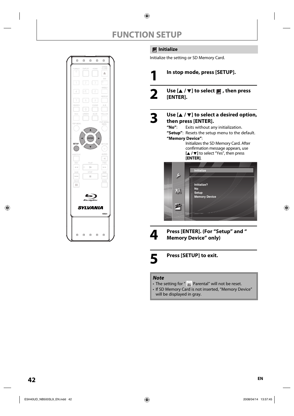 Function setup | Sylvania NB500SL9 User Manual | Page 44 / 148