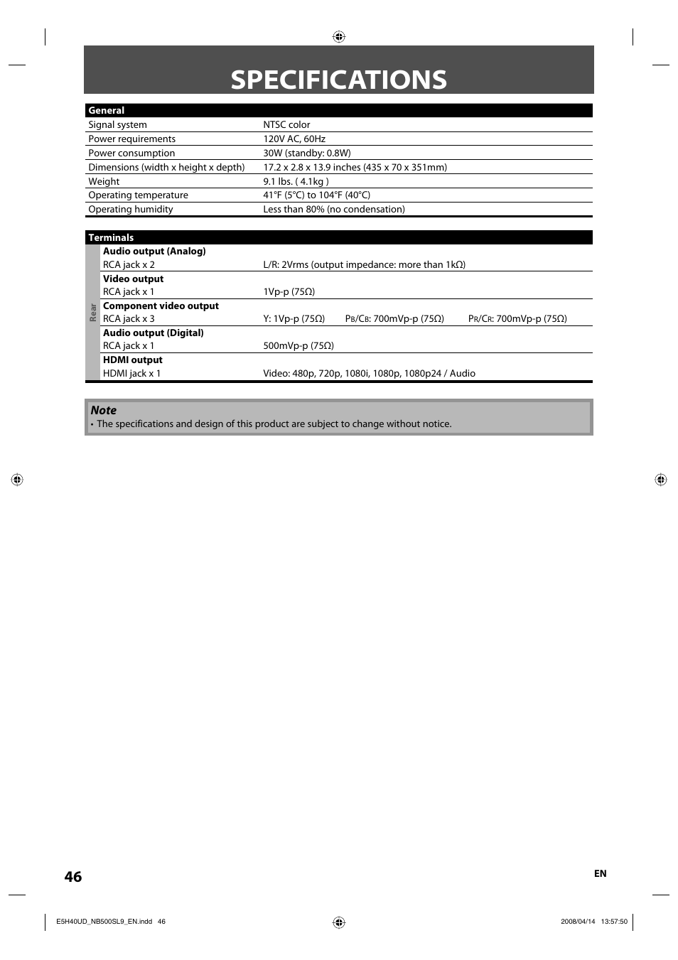 Specifications | Sylvania NB500SL9 User Manual | Page 48 / 148