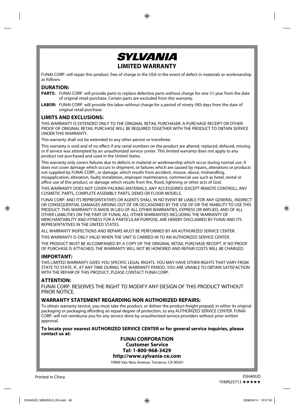 Limited warranty | Sylvania NB500SL9 User Manual | Page 50 / 148