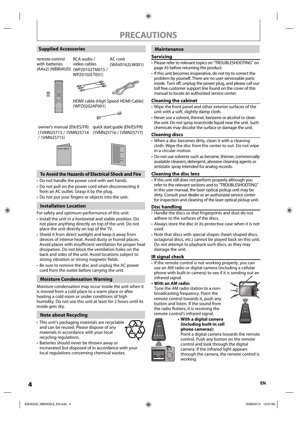 Precautions | Sylvania NB500SL9 User Manual | Page 6 / 148