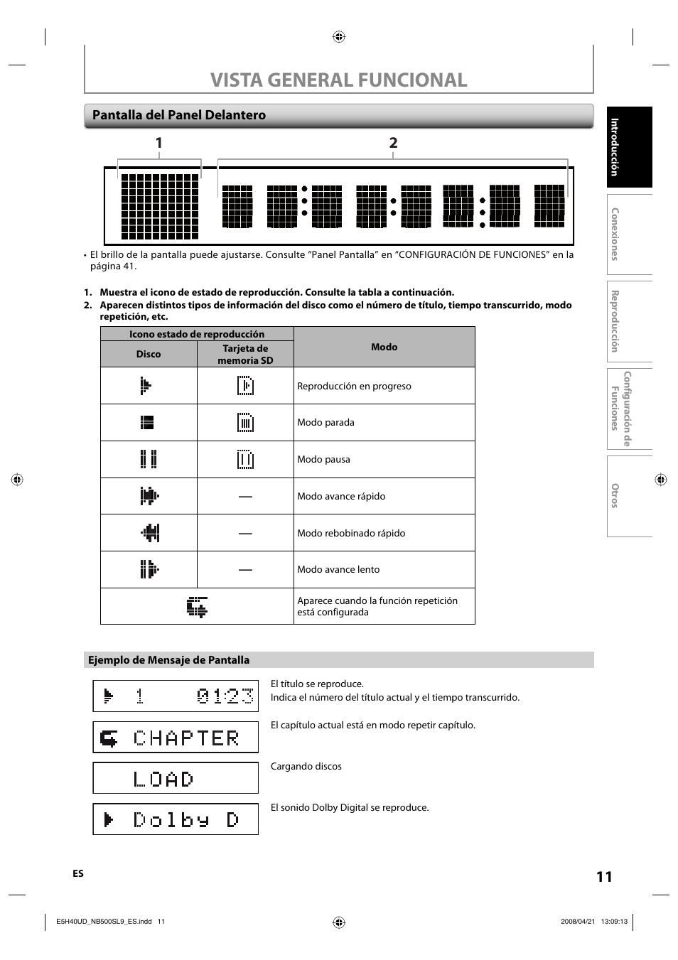 Vista general funcional, Pantalla del panel delantero | Sylvania NB500SL9 User Manual | Page 62 / 148