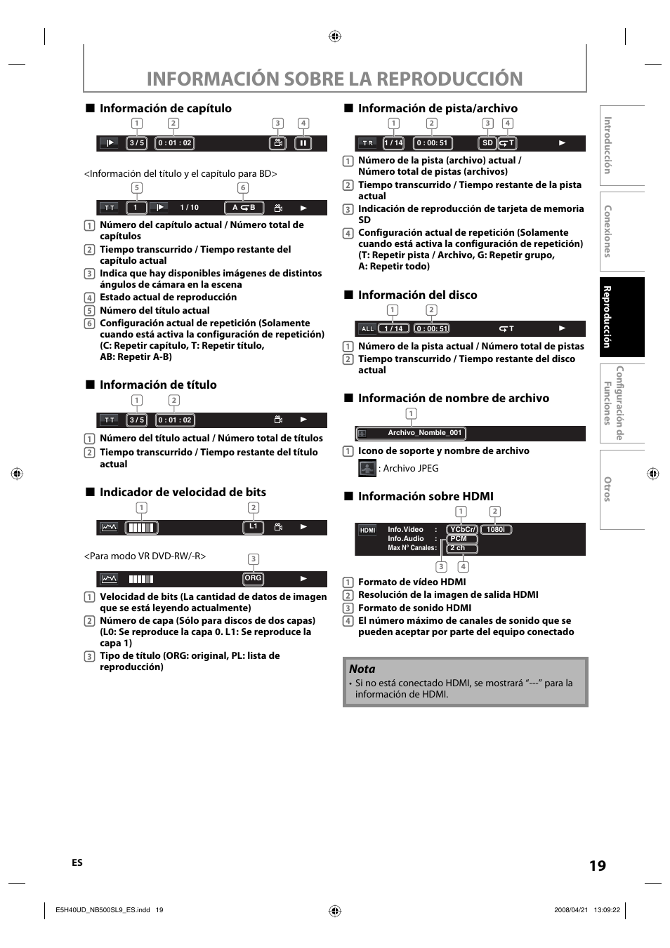 Información sobre la reproducción, Información de capítulo, Información de título | Indicador de velocidad de bits, Información de pista/archivo, Información del disco, Información de nombre de archivo, Información sobre hdmi, Nota | Sylvania NB500SL9 User Manual | Page 70 / 148