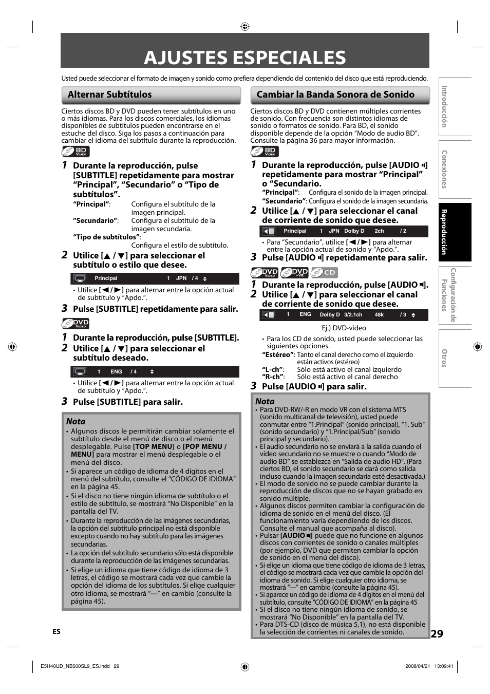 Ajustes especiales, Alternar subtítulos, Cambiar la banda sonora de sonido | Sylvania NB500SL9 User Manual | Page 80 / 148