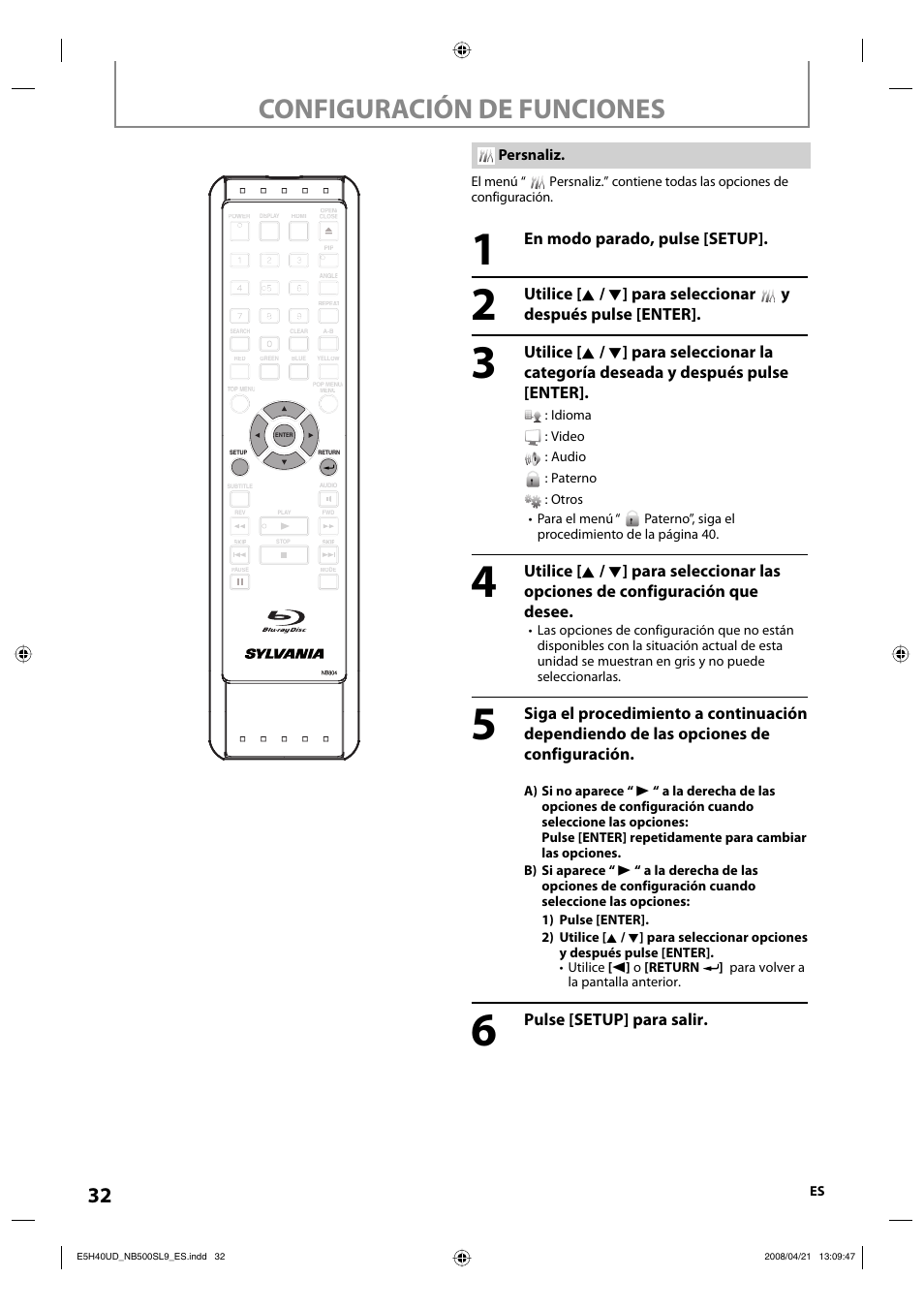 Configuración de funciones | Sylvania NB500SL9 User Manual | Page 83 / 148