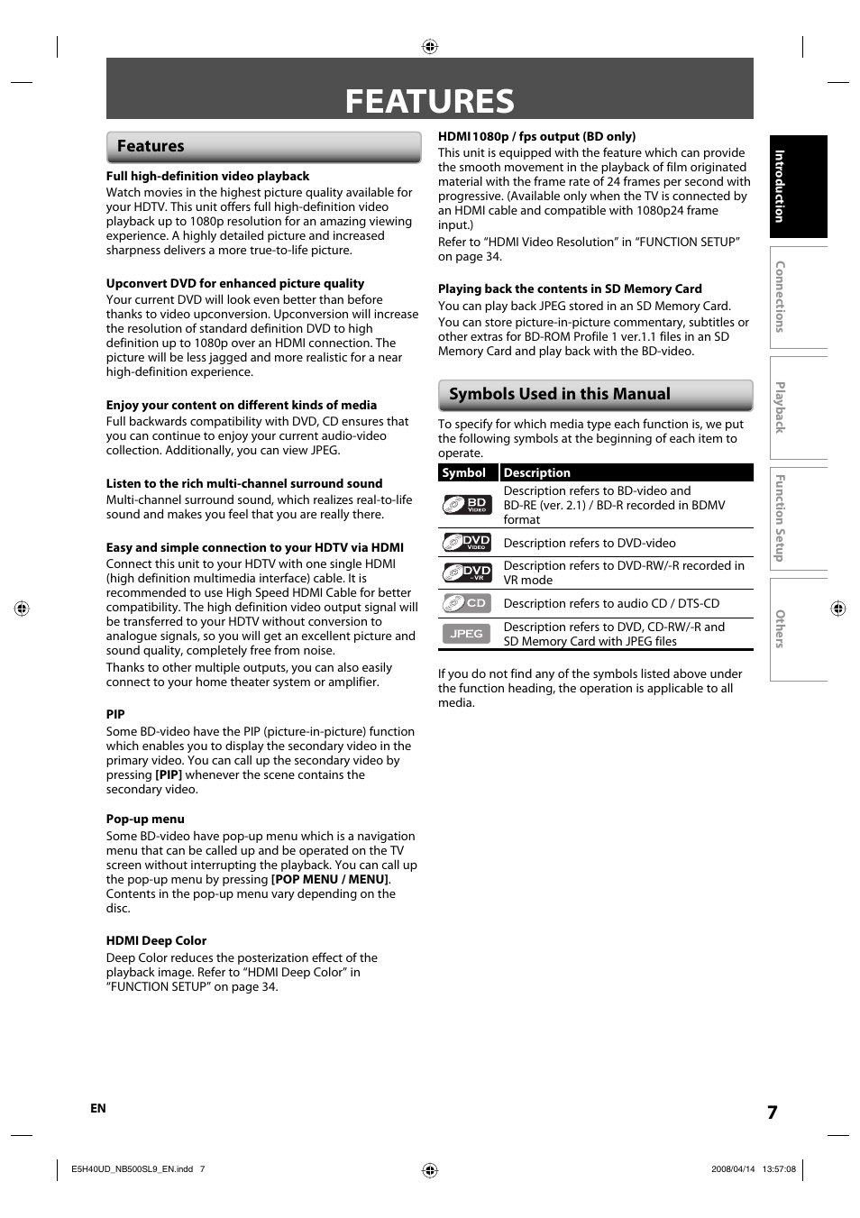 Features, Symbols used in this manual | Sylvania NB500SL9 User Manual | Page 9 / 148