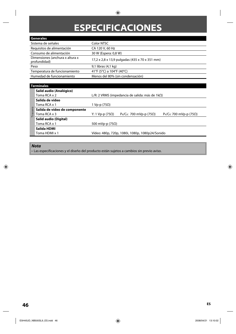 Especificaciones | Sylvania NB500SL9 User Manual | Page 97 / 148