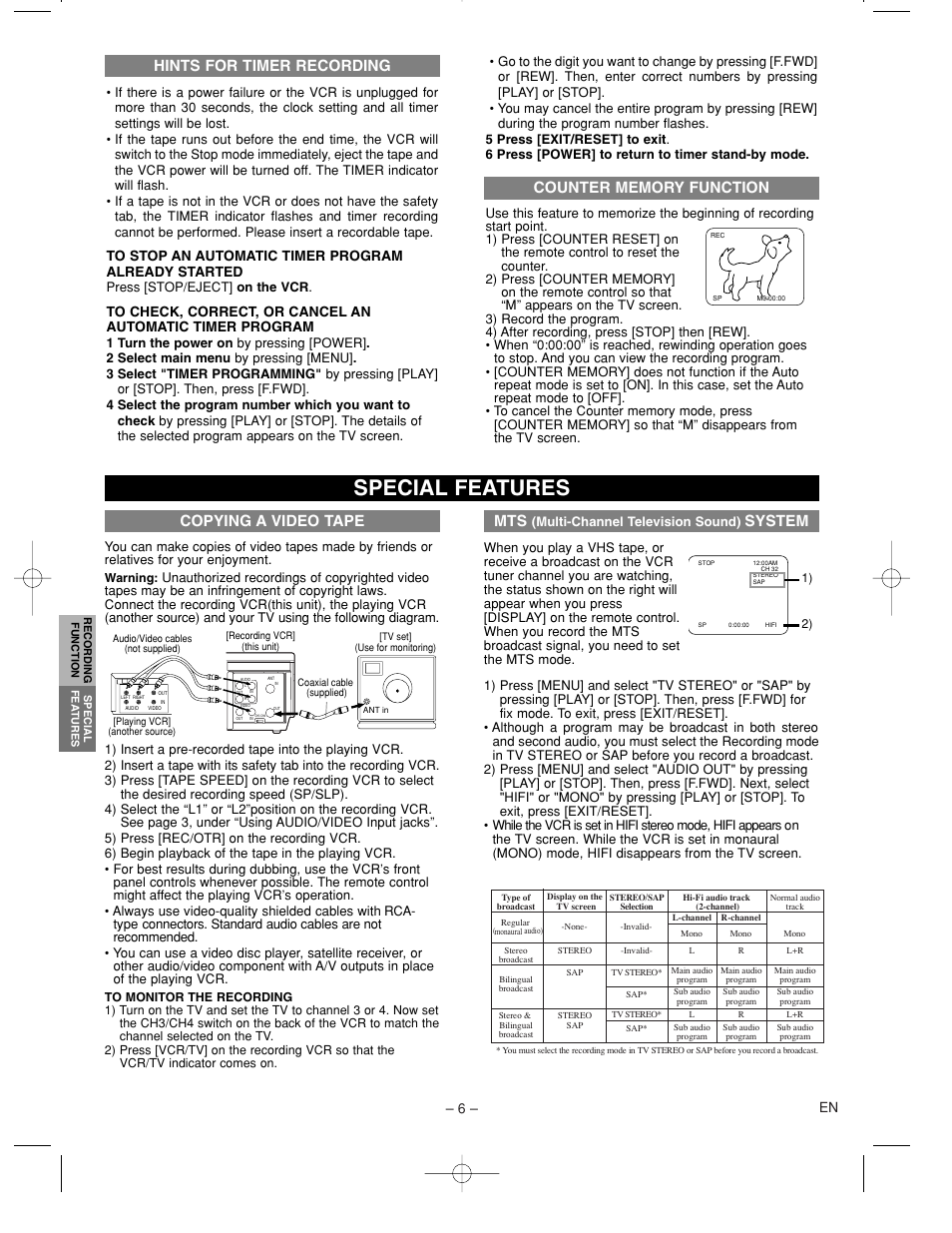 Special features, Mts recording/monitor mode, System | Copying a video tape, Hints for timer recording, 6 – en | Sylvania 6260VC1 User Manual | Page 6 / 8