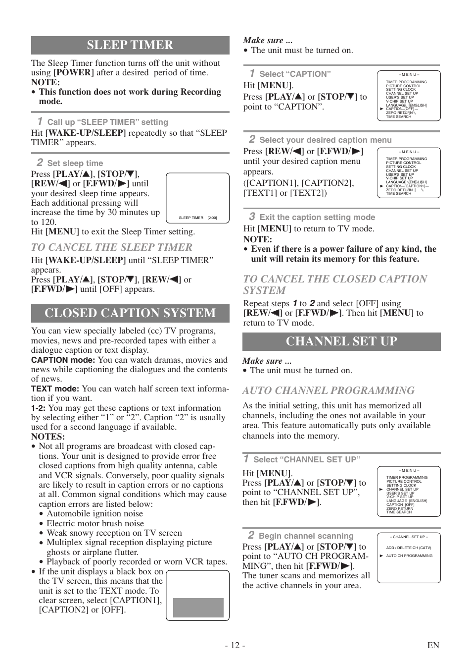 Sleep timer, Closed caption system, Channel set up | Auto channel programming | Sylvania 6313CE User Manual | Page 12 / 32