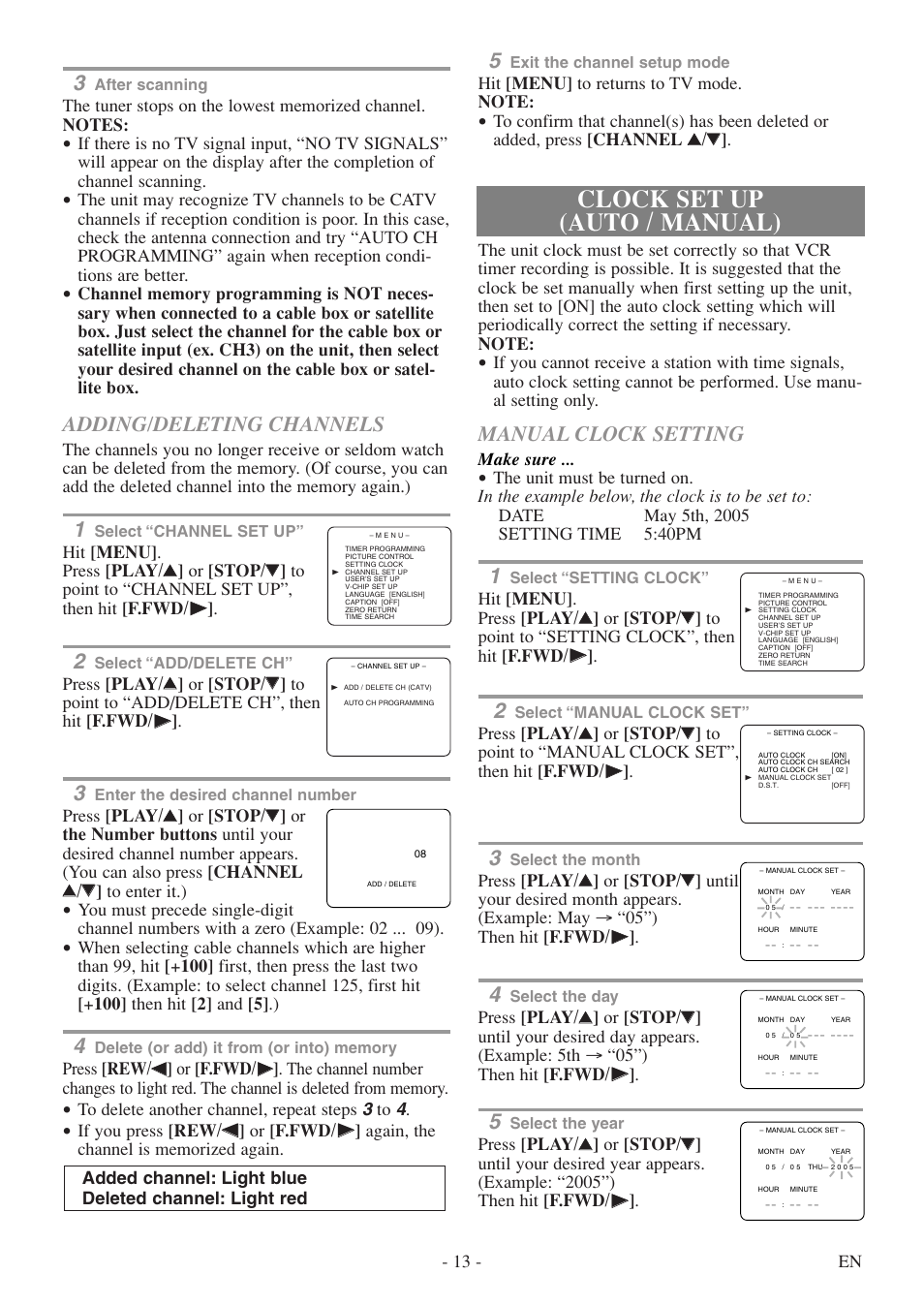 Clock set up (auto / manual), Adding/deleting channels, Manual clock setting | Sylvania 6313CE User Manual | Page 13 / 32