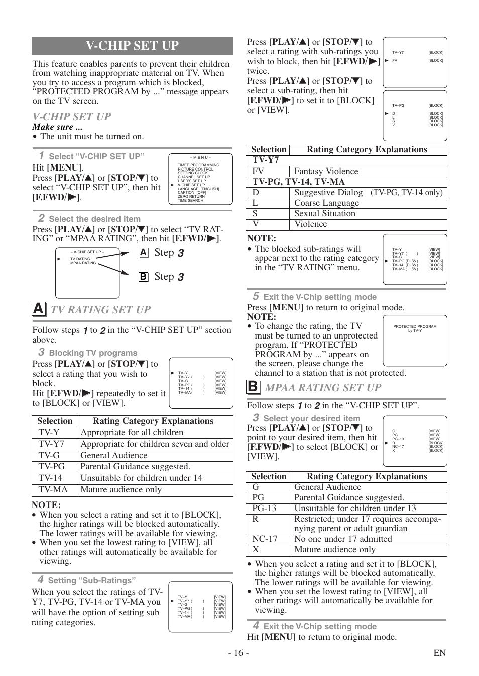 Mpaa rating set up, V-chip set up, Tv rating set up | Step 3, Follow steps 1 to 2 in the “v-chip set up, Make sure, The unit must be turned on | Sylvania 6313CE User Manual | Page 16 / 32