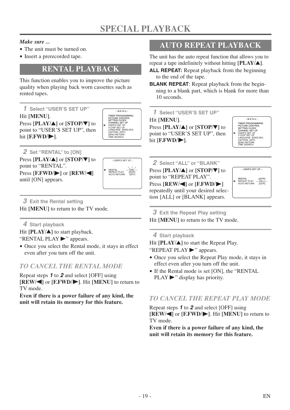 Special playback, Rental playback, Auto repeat playback | Sylvania 6313CE User Manual | Page 19 / 32