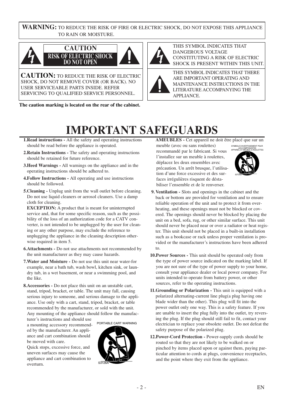 Important safeguards, Caution, Caution risk of electric shock do not open | Warning | Sylvania 6313CE User Manual | Page 2 / 32