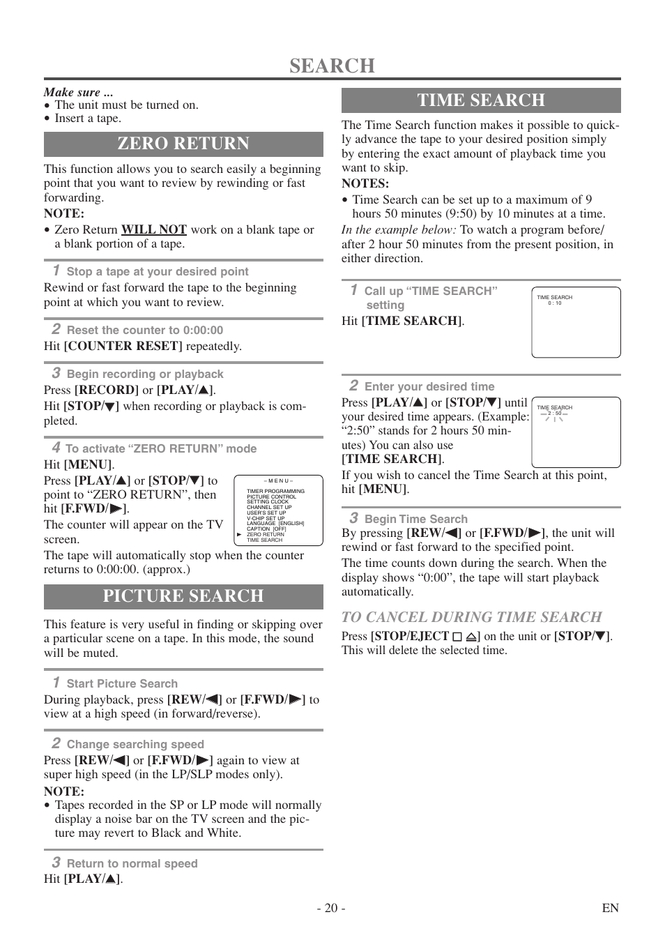 Search, Zero return, Time search | Picture search | Sylvania 6313CE User Manual | Page 20 / 32