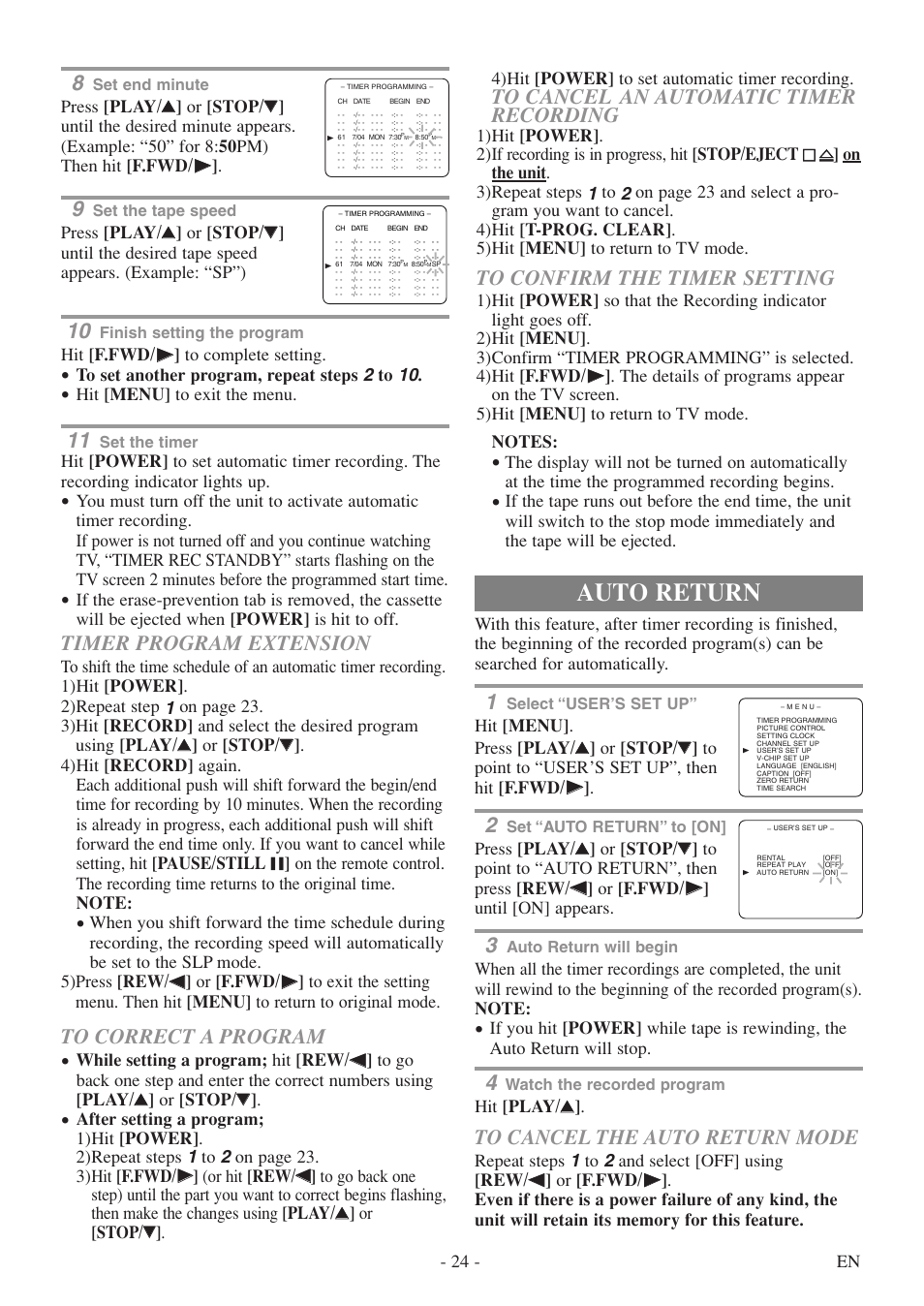 Auto return, Timer program extension, 24 - en | Hit [play/ k k, Hit [f.fwd/ b b ] to complete setting, Hit [menu] to exit the menu, 4)hit [power] to set automatic timer recording | Sylvania 6313CE User Manual | Page 24 / 32