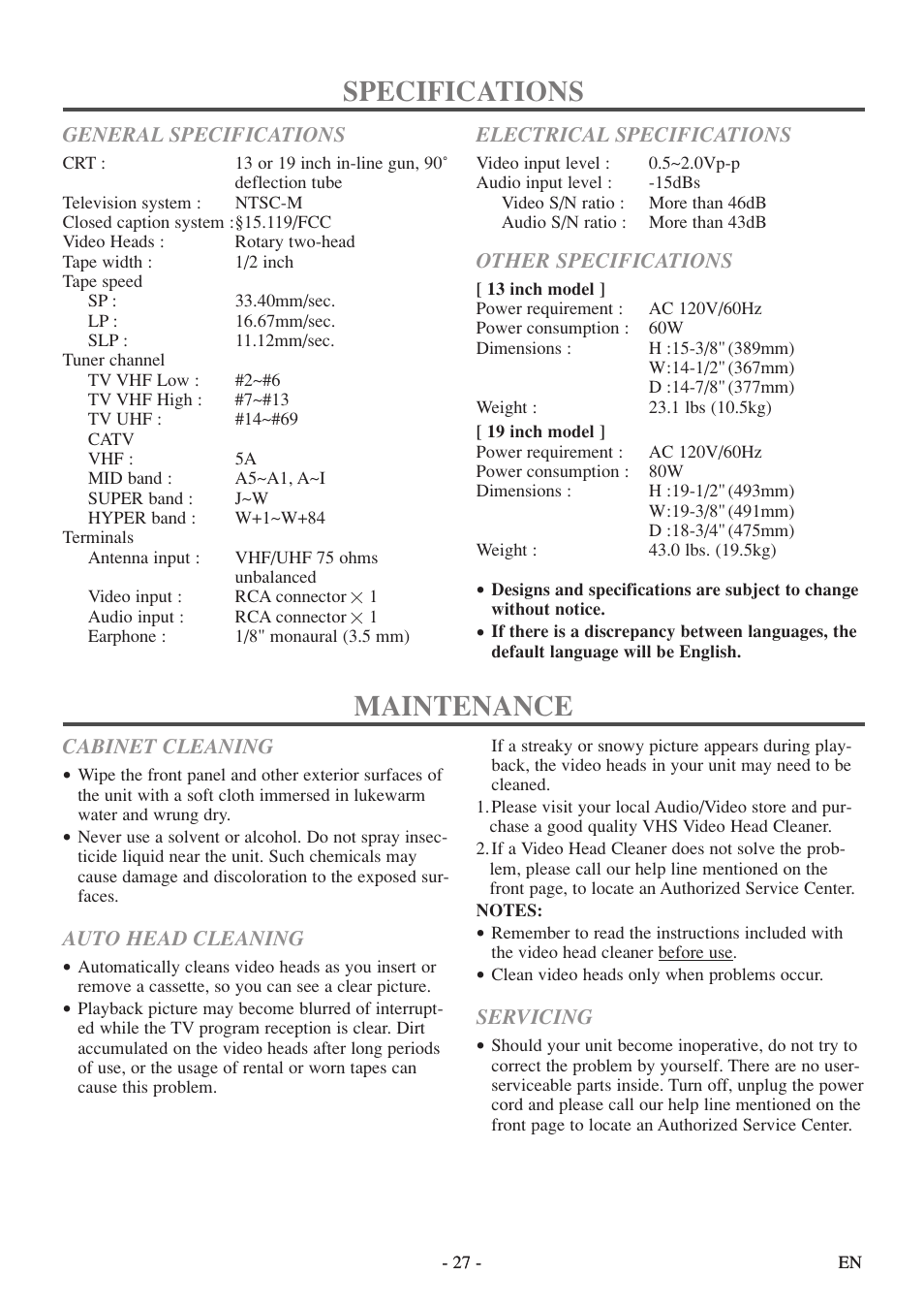 Specifications, Maintenance | Sylvania 6313CE User Manual | Page 27 / 32