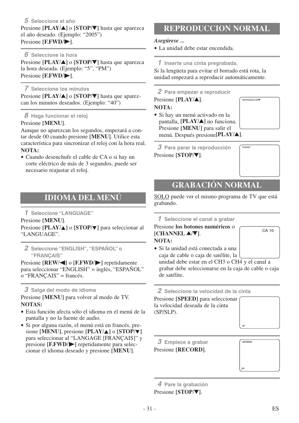 Reproduccion normal, Grabación normal, Idioma del menú | Sylvania 6313CE User Manual | Page 31 / 32