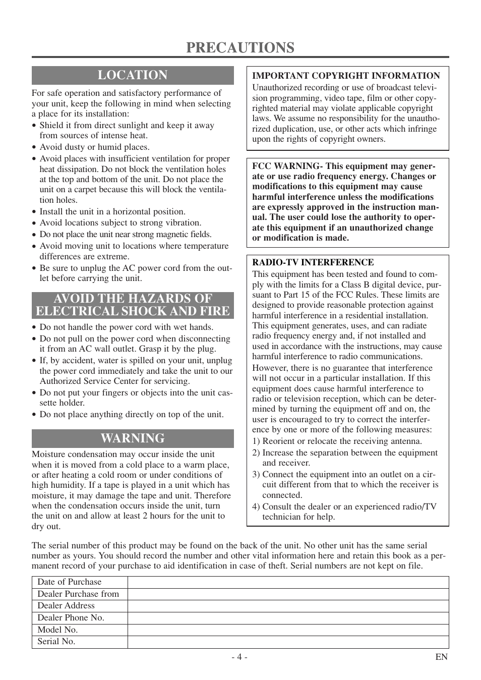 Precautions, Avoid the hazards of electrical shock and fire, Location | Warning | Sylvania 6313CE User Manual | Page 4 / 32