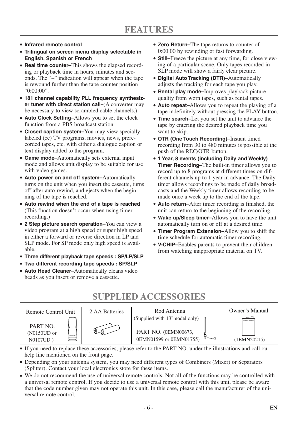 Features, Supplied accessories | Sylvania 6313CE User Manual | Page 6 / 32