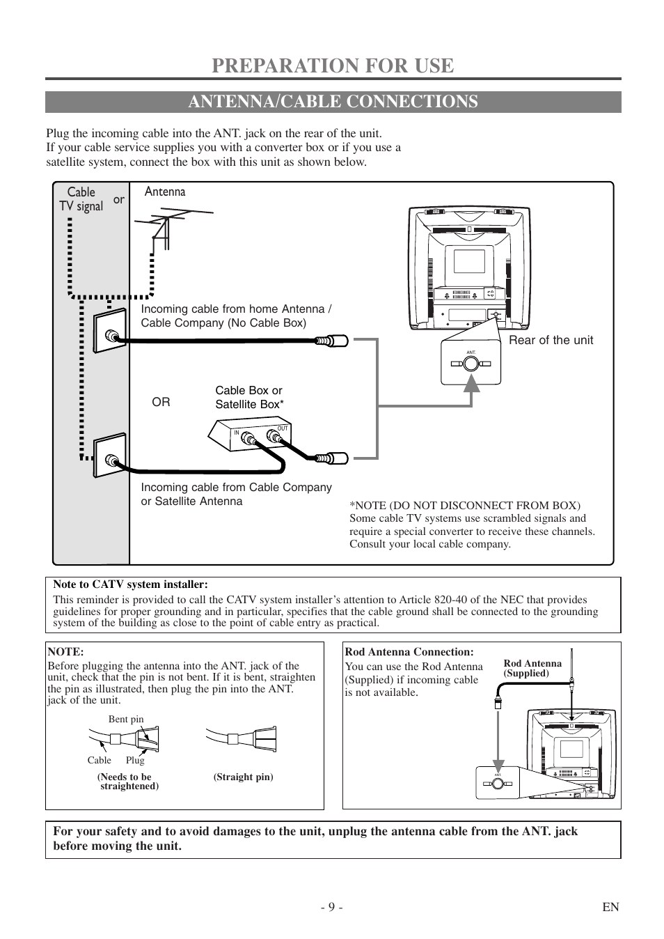 Preparation for use, Antenna/cable connections, Cable tv signal antenna or | Sylvania 6313CE User Manual | Page 9 / 32