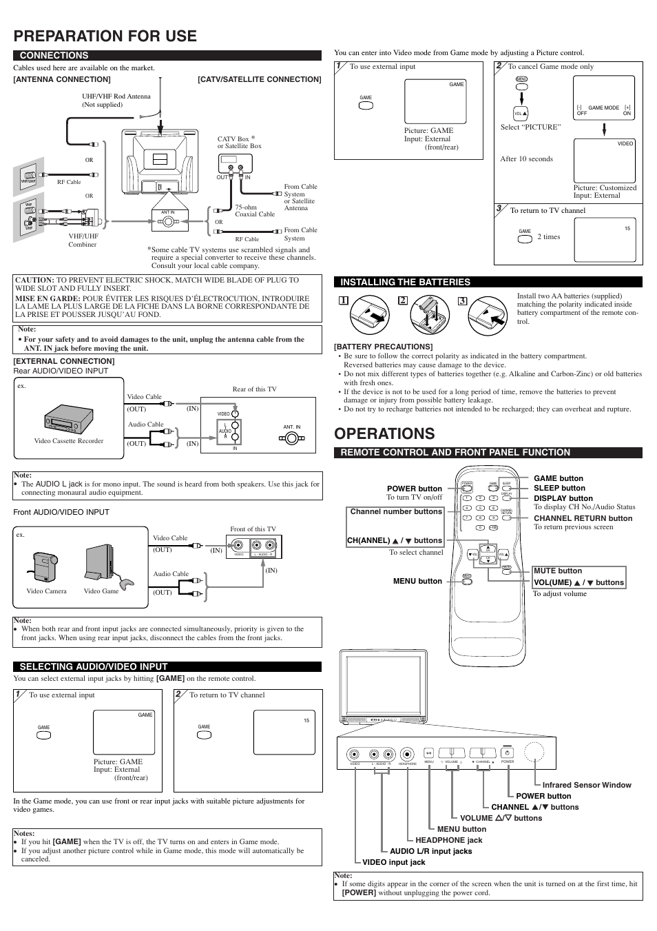 Preparation for use, Operations, Connections | Remote control and front panel function, Installing the batteries, Selecting audio/video input | Sylvania 6427TF User Manual | Page 2 / 8