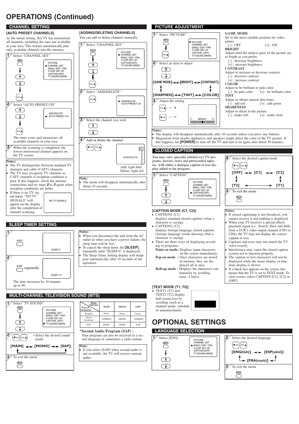 Operations (continued) optional settings, Channel setting, Language selection | Closed caption, Multi-channel television sound (mts), Sleep timer setting, Picture adjustment | Sylvania 6427TF User Manual | Page 3 / 8