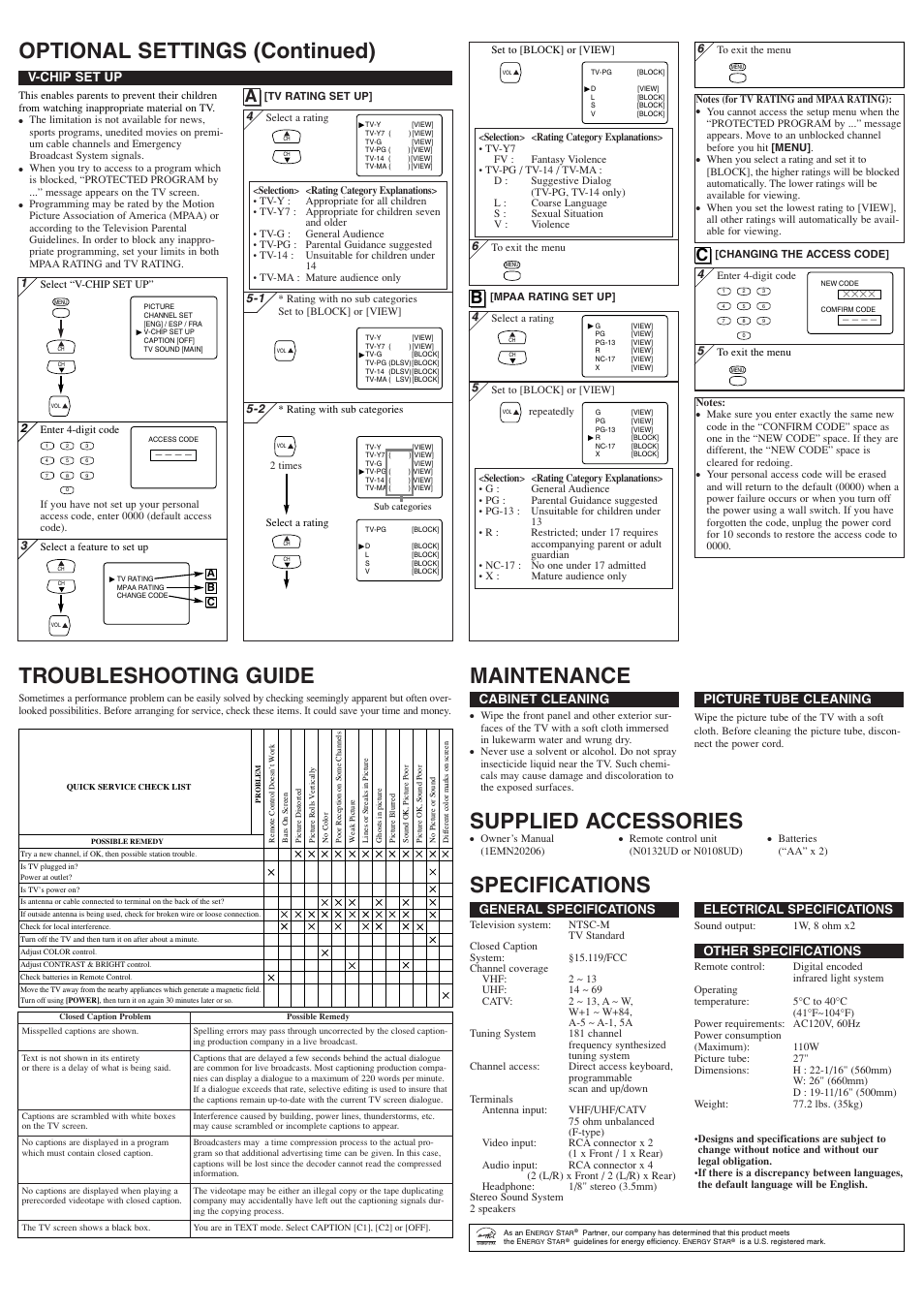 Supplied accessories, General specifications, Electrical specifications | Other specifications, Cabinet cleaning, Picture tube cleaning, V-chip set up | Sylvania 6427TF User Manual | Page 4 / 8