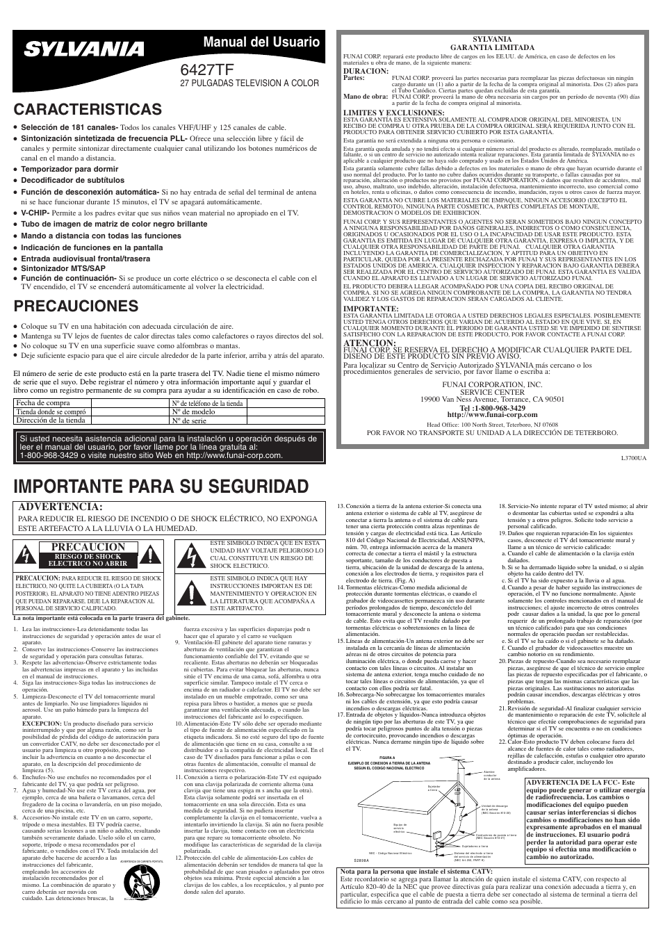 Importante para su seguridad, Caracteristicas, 6427tf | Precauciones, Manual del usuario, Advertencia, Precaucion, 27 pulgadas television a color, Atencion | Sylvania 6427TF User Manual | Page 5 / 8