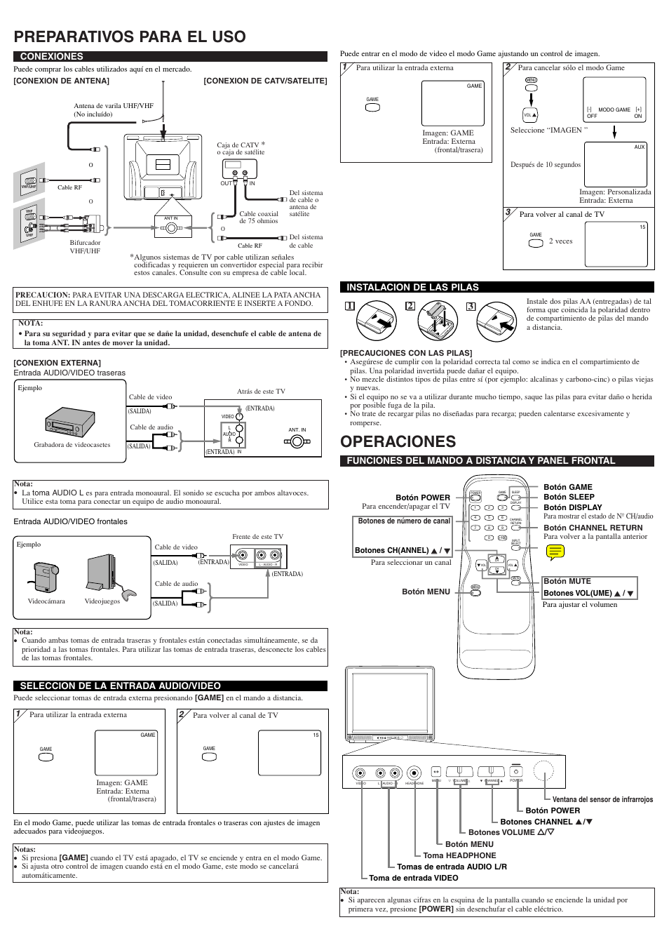 Preparativos para el uso, Operaciones, Conexiones | Funciones del mando a distancia y panel frontal, Instalacion de las pilas, Seleccion de la entrada audio/video | Sylvania 6427TF User Manual | Page 6 / 8