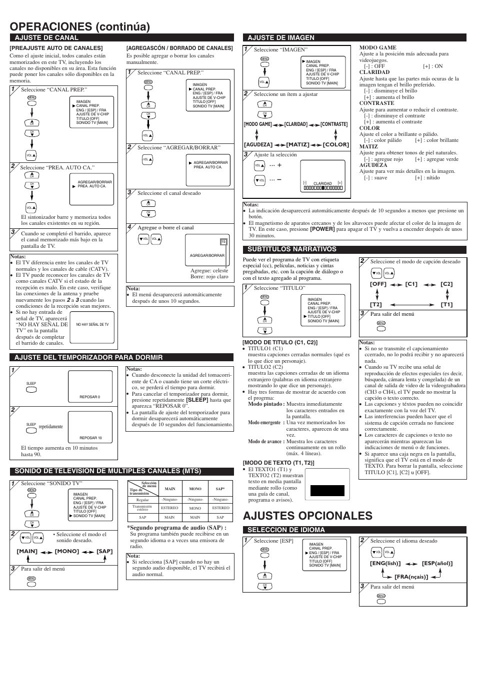 Operaciones (continúa) ajustes opcionales, Ajuste de imagen, Ajuste de canal | Seleccion de idioma, Subtitulos narrativos, Sonido de television de multiples canales (mts), Ajuste del temporizador para dormir | Sylvania 6427TF User Manual | Page 7 / 8