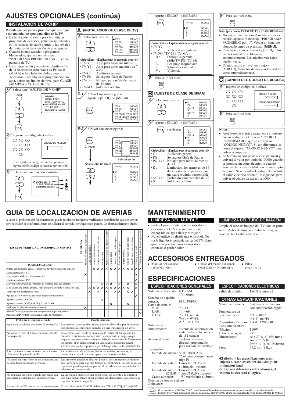 Accesorios entregados, Mantenimiento, Especificaciones generales | Especificaciones electricas, Otras especificaciones, Instalacion de v-chip, Limpieza del mueble, Limpieza del tubo de imagen | Sylvania 6427TF User Manual | Page 8 / 8