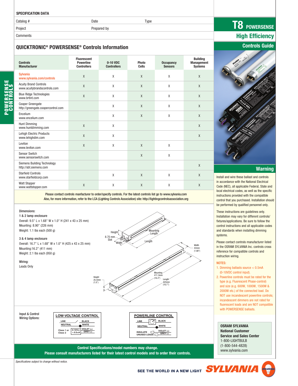 High efficiency, Warning, Powersense controls | Controls guide quicktronic, Powersense, Controls information | Sylvania QUICKTRONIC POWERSENSE T8 User Manual | Page 2 / 4