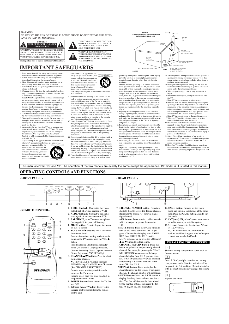 Important safeguards, Operating controls and functions, Front panel - - rear panel | Remote control, Installing the batteries | Sylvania SRT2113A User Manual | Page 2 / 8