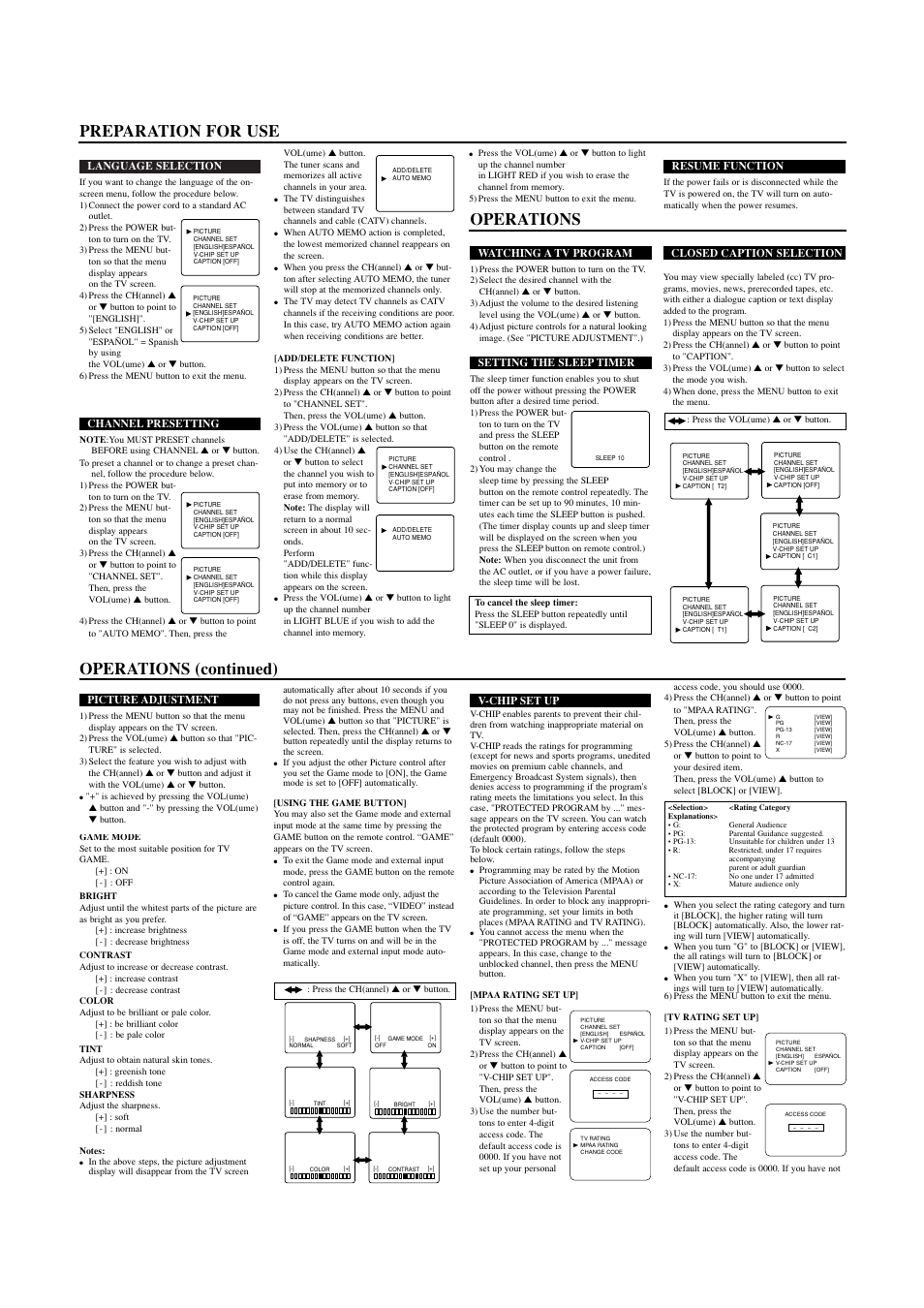 Operations (continued), Preparation for use operations | Sylvania SRT2113A User Manual | Page 3 / 8