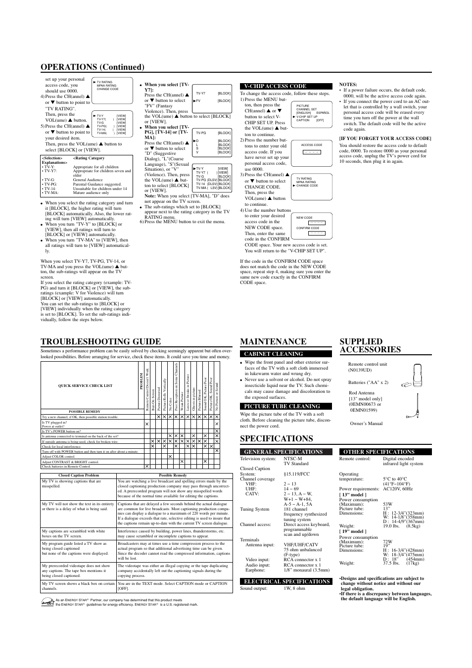 Specifications maintenance, Supplied accessories troubleshooting guide, Operations (continued) | Sylvania SRT2113A User Manual | Page 4 / 8