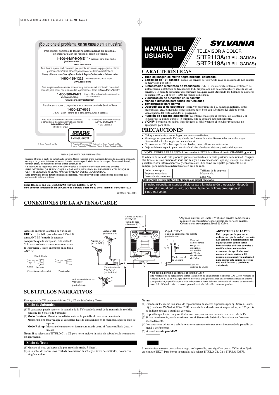 Manual del usuario, Srt2113a, Srt2119a | Conexiones de la antena/cable precauciones, Características, Subtitulos narrativos, Solucione el problema, en su casa o en la nuestra, Ant.in, Televisor a color, 13 pulgadas) | Sylvania SRT2113A User Manual | Page 5 / 8
