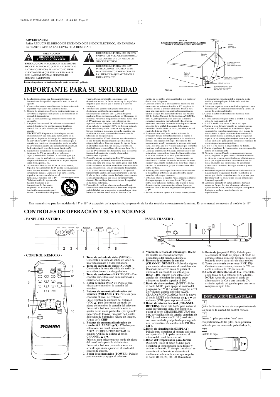 Importante para su seguridad, Controles de operación y sus funciones, Instalacion de las pilas | 16 15 - panel delantero - - panel trasero, Control remoto | Sylvania SRT2113A User Manual | Page 6 / 8