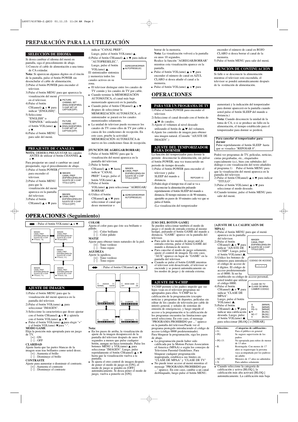 Preparación para la utilización, Operaciones, Operaciones (seguimiento) operaciones | Sylvania SRT2113A User Manual | Page 7 / 8