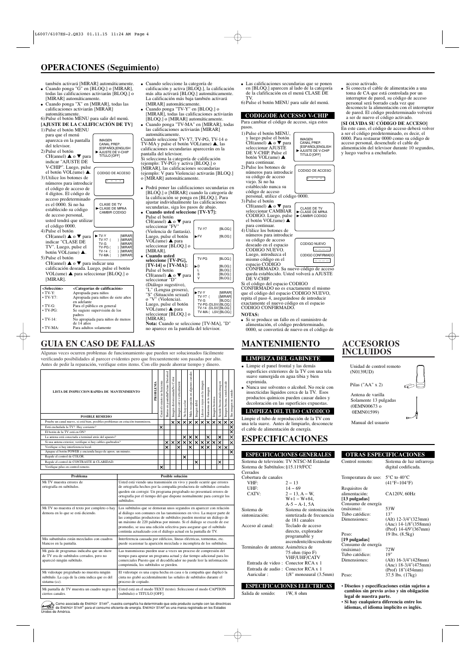 Accesorios incluidos guia en caso de fallas, Especificaciones, Mantenimiento operaciones (seguimiento) | Sylvania SRT2113A User Manual | Page 8 / 8