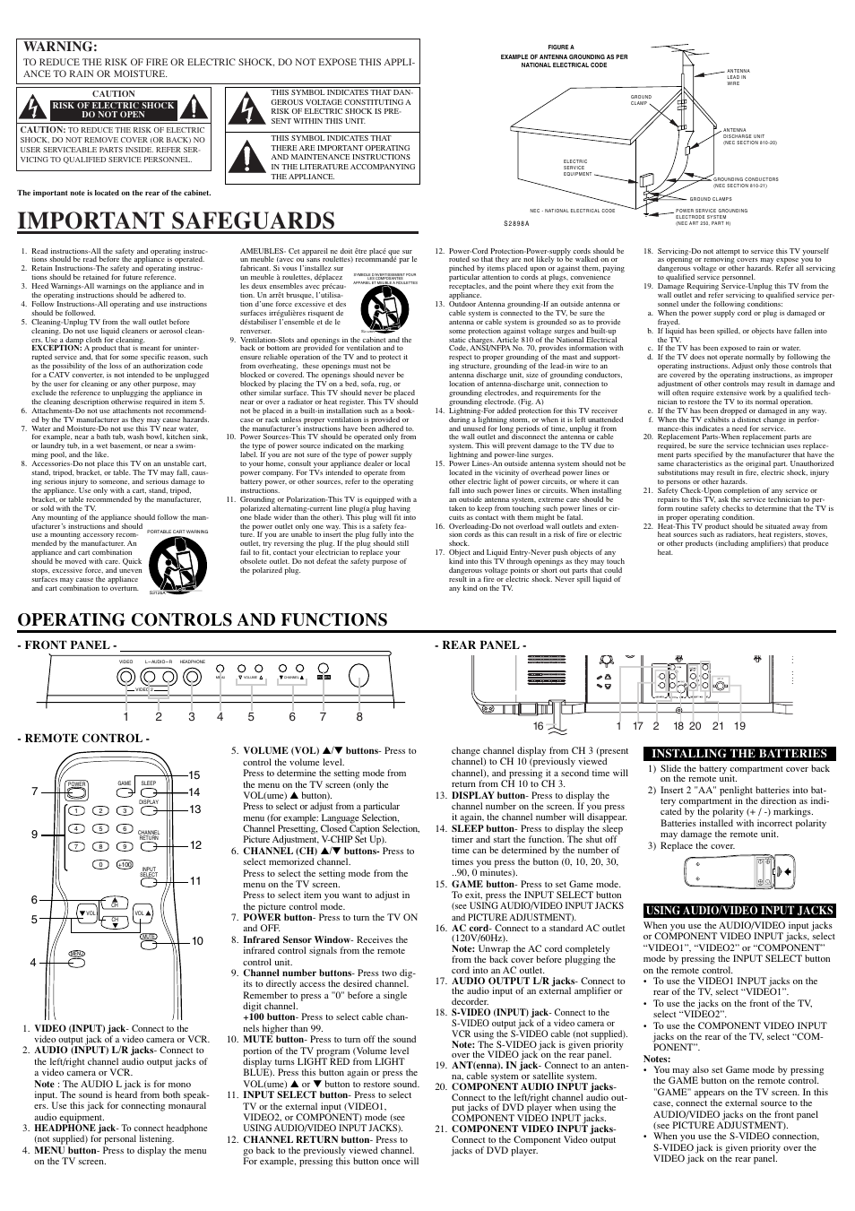 Important safeguards, Operating controls and functions, Warning | Rear panel, Remote control, Installing the batteries, Using audio/video input jacks, Front panel | Sylvania RSEF427E User Manual | Page 2 / 8