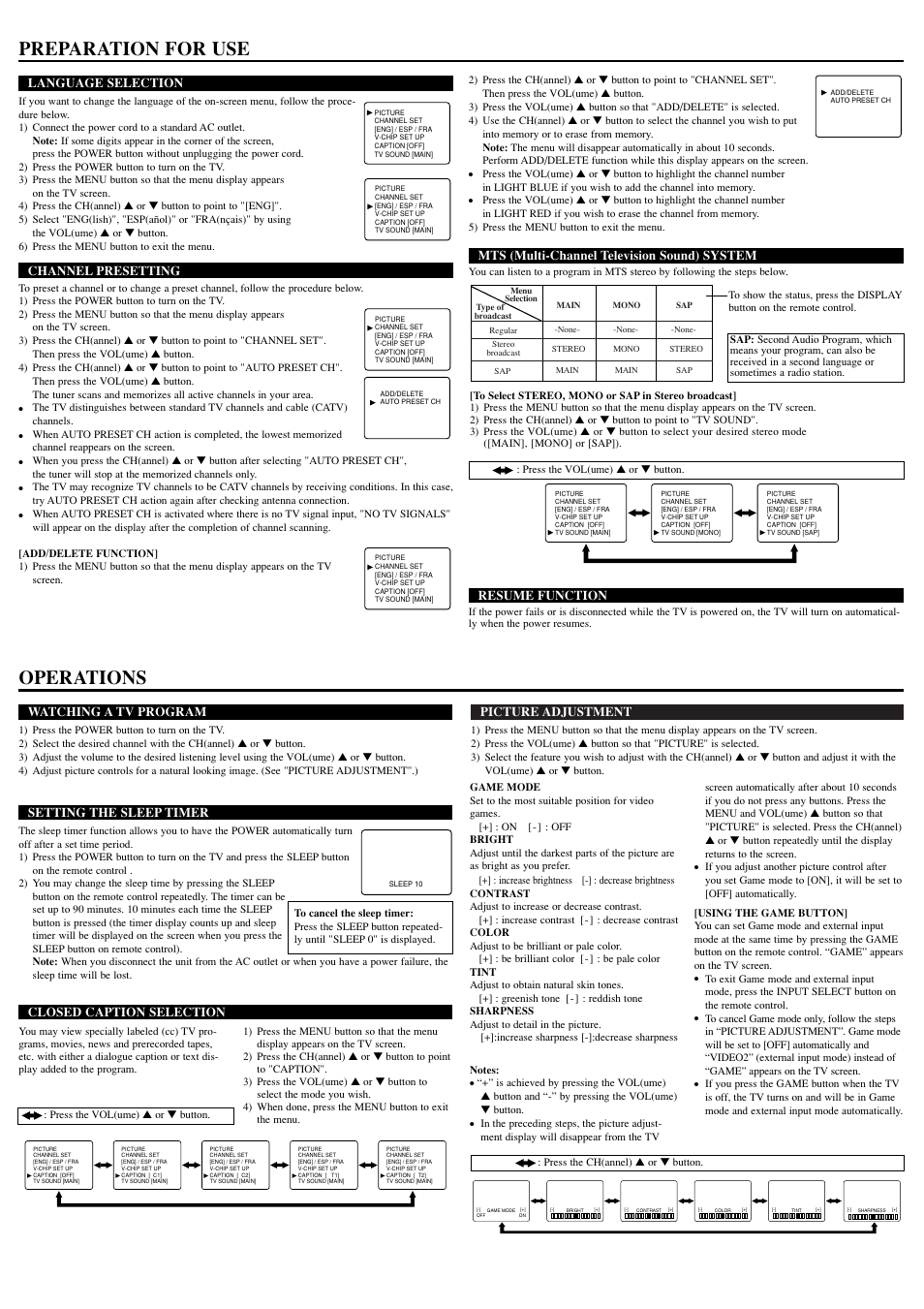 Preparation for use, Operations, Picture adjustment | Language selection, Channel presetting, Mts (multi-channel television sound) system, Resume function, Watching a tv program, Setting the sleep timer, Closed caption selection | Sylvania RSEF427E User Manual | Page 3 / 8
