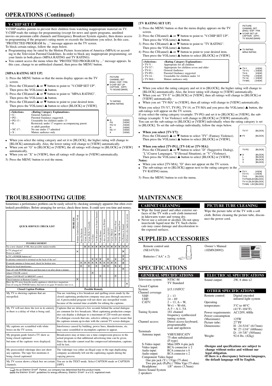 Specifications, Operations (continued), General specifications | Electrical specifications, Other specifications, Cabinet cleaning, Picture tube cleaning, V-chip set up | Sylvania RSEF427E User Manual | Page 4 / 8