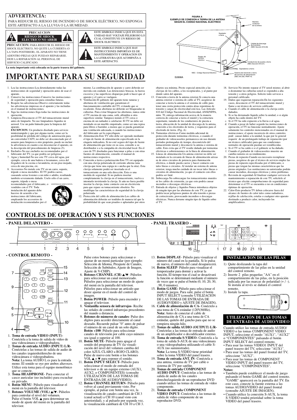 Importante para su seguridad, Controles de operación y sus funciones, Advertencia | Control remoto, Utilización de las tomas de entrada de audio/video, Instalacion de las pilas, Panel delantero - - panel trasero | Sylvania RSEF427E User Manual | Page 6 / 8